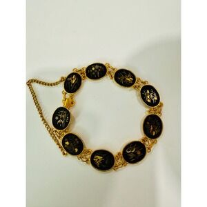 Vintage Japanese Damascene Scene Charm Bracelet Gold Tone Black Oval Links